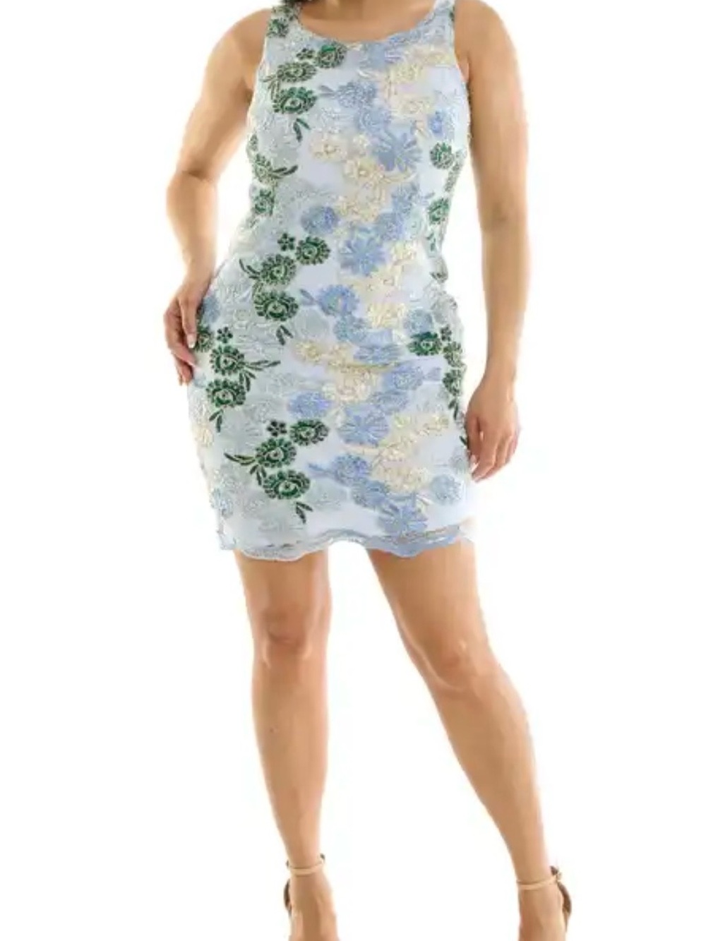 Nina Leonard Blue Lace Mini Sheath Dress-Green and Cream Floral Embroidery-Sz 1X